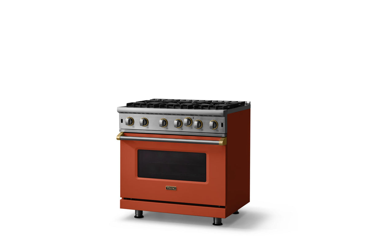 36"W. Open Burner Gas Range (Finish: Spiced Cider, Trim: Brushed Brass, Fuel: Propane)