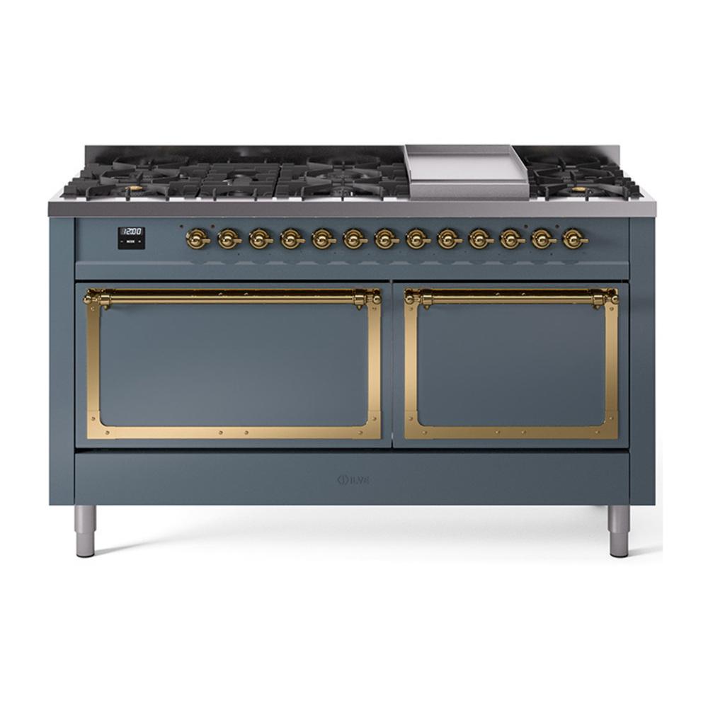 ILVE UN60FQNMPBGGLP Nostalgie II Noblesse 60 inch Dual Fuel Range (9 Sealed Burners + Griddle, Liquid Propane, Solid Door, Blue Grey, Brass)