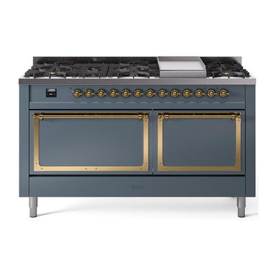 ILVE UN60FQNMPBGGLP Nostalgie II Noblesse 60 inch Dual Fuel Range (9 Sealed Burners + Griddle, Liquid Propane, Solid Door, Blue Grey, Brass)