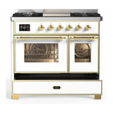 ILVE UMD40FNR3WHG Majestic III 40 inch Dual Fuel Range with 6 Burners and Griddle, Dual Function Burner up to 25,000 BTU (Natural Gas, Triple Glass Door, White, Brass)