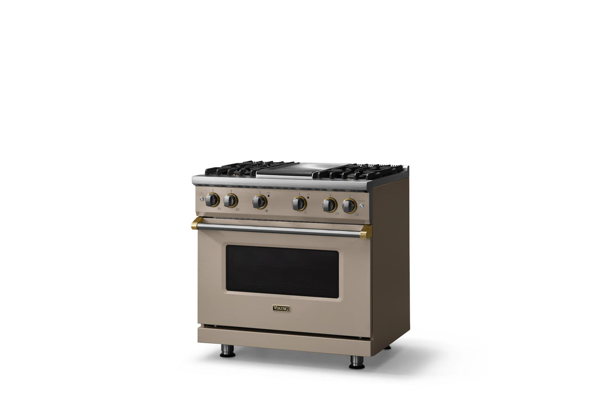 36"W. Sealed Burner Gas Range (Burner: 4g, Finish: Nantucket, Trim: Brushed Brass, Fuel: Propane)
