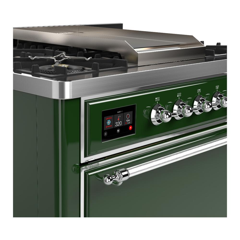 ILVE UM36FQNR3EGCLP Majestic III 36 inch Dual Fuel Range with 6 Black Brass Burners and Griddle, Dual Function Burner up to 25,000 BTU (Solid Door, Emerald Green, Chrome, Liquid Propane)