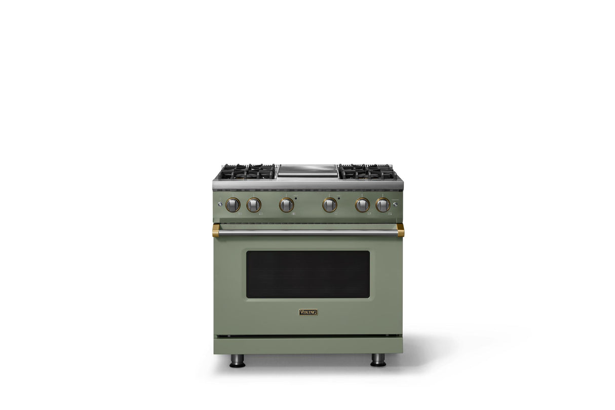 36"W. Sealed Burner Gas Range (Burner: 4g, Finish: Eucalyptus, Trim: Brushed Brass, Fuel: Propane)