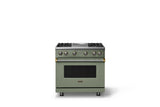 36"W. Sealed Burner Gas Range (Burner: 4g, Finish: Eucalyptus, Trim: Brushed Brass, Fuel: Propane)