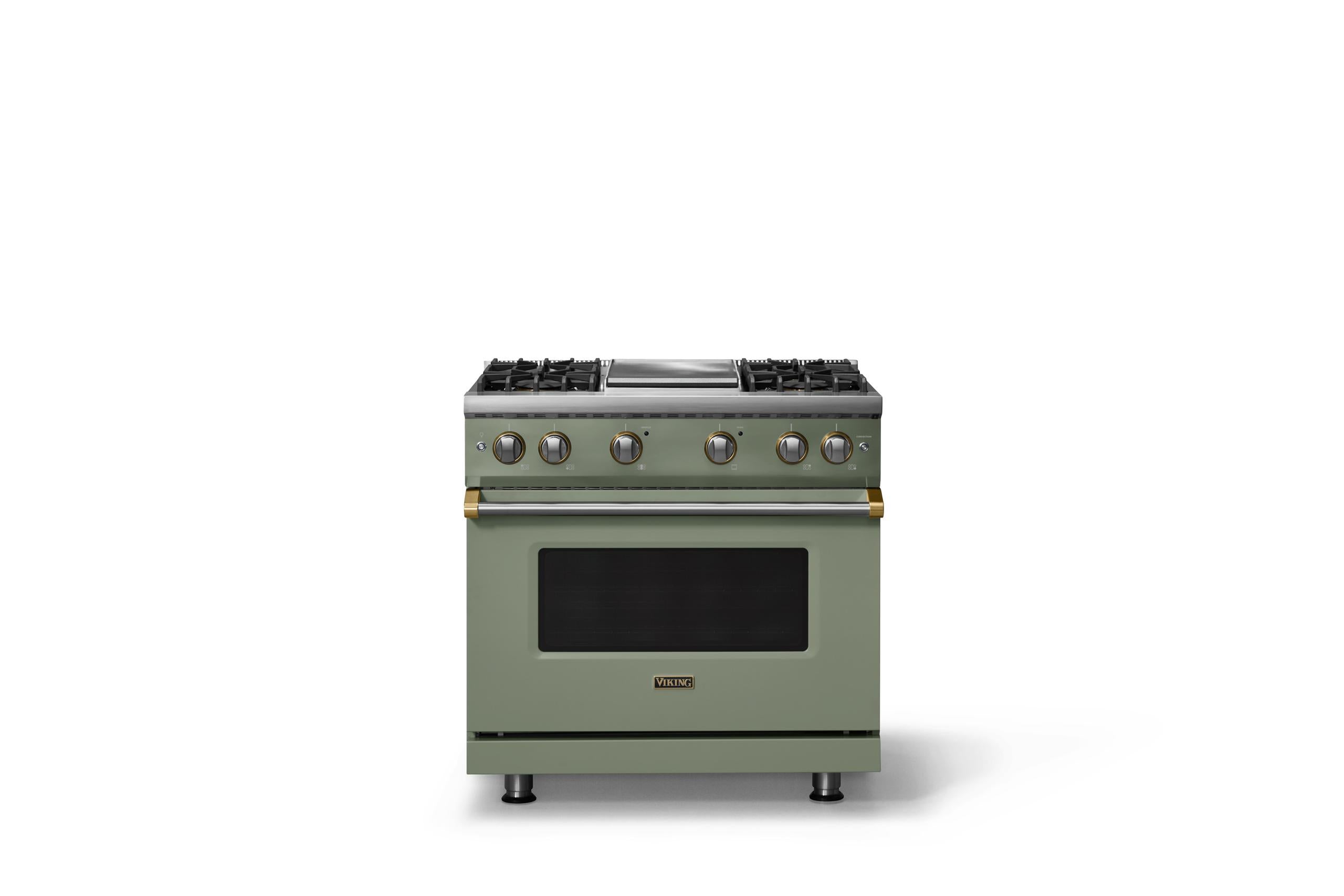 36"W. Sealed Burner Gas Range (Burner: 4g, Finish: Eucalyptus, Trim: Brushed Brass, Fuel: Propane)