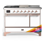 ILVE UM48FSQNR3RAPLP Majestic III 48 inch Dual Fuel Range with 5 Black Brass Burners, Griddle and French Top, Dual Function Burner up to 25,000 BTU (Liquid Propane, Solid Door, RAL, Copper)