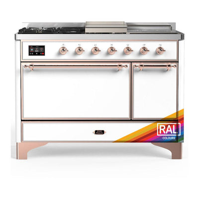 ILVE UM48FSQNR3RAPLP Majestic III 48 inch Dual Fuel Range with 5 Black Brass Burners, Griddle and French Top, Dual Function Burner up to 25,000 BTU (Liquid Propane, Solid Door, RAL, Copper)