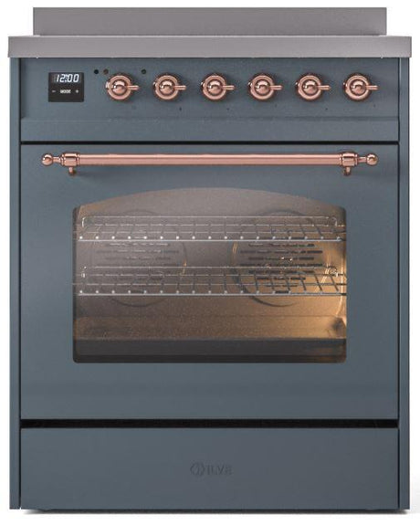 Nostalgie II 30 Inch Electric Freestanding Range in Blue Grey with Copper Trim