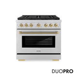 ZLINE Autograph Edition 36 in. 5.2 cu. ft. Paramount Gas Range with 6 Burner DuoPro? Cooktop and Convection Gas Oven in Stainless Steel with Champagne Bronze Helix Handle and Accents (PSGRZ-36-KCB)