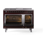 ILVE UN48FSNMPBUB Nostalgie II Noblesse 48 inch Dual Fuel Range (5 Sealed Burners + Griddle + French Top, Natural Gas, Triple Glass Door, Burgundy, Burnished)