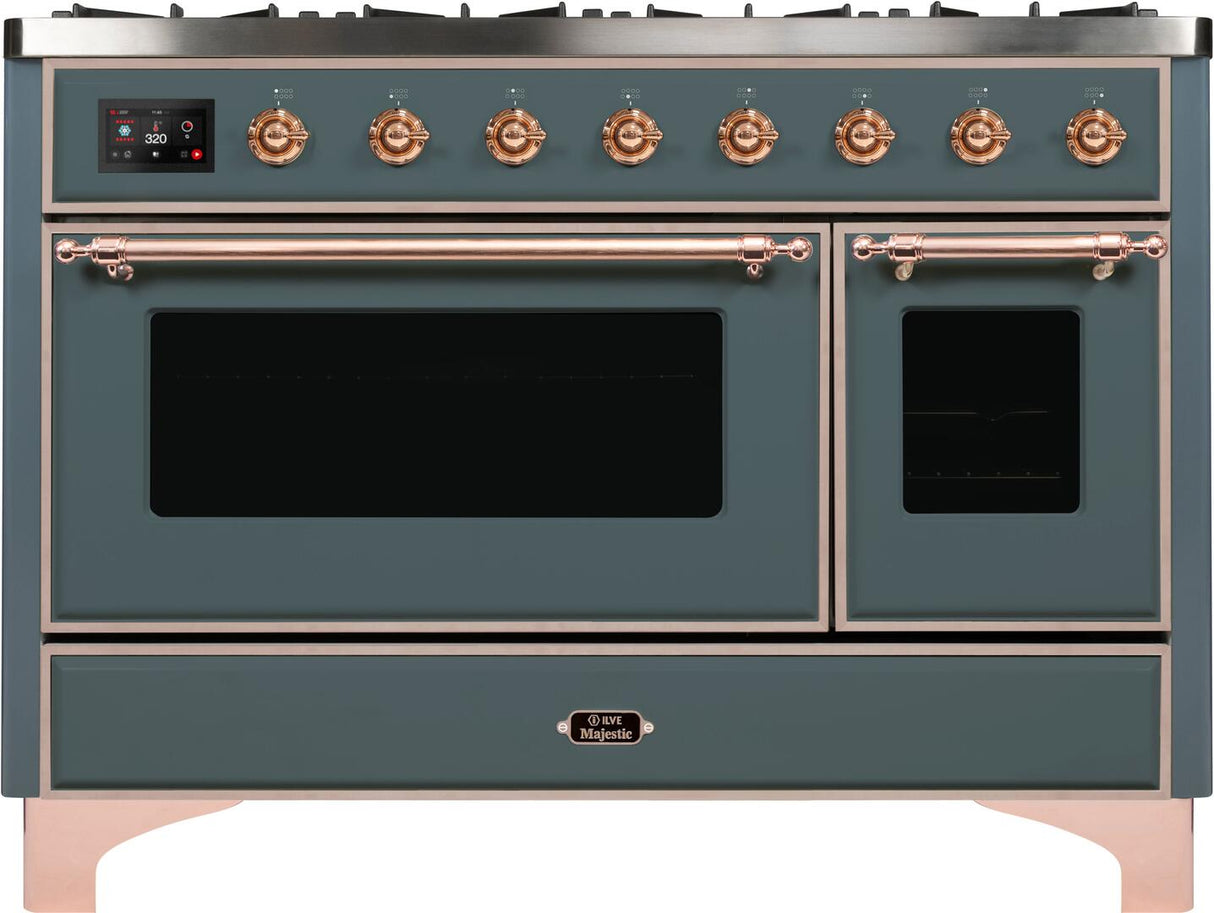Majestic II 48 Inch Dual Fuel Natural Gas Freestanding Range in Blue Grey with Copper Trim