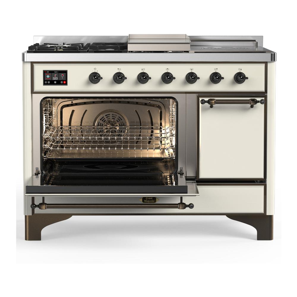 ILVE UM48FSQNR3AWB Majestic III 48 inch Dual Fuel Range with 5 Black Brass Burners, Griddle and French Top, Dual Function Burner up to 25,000 BTU (Natural Gas, Solid Door, Antique White, Burnished)