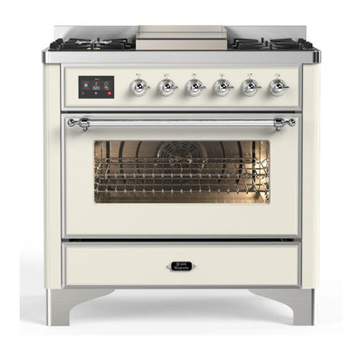 ILVE UM36FNR3AWC Majestic III 36 inch Dual Fuel Range with 6 Black Brass Burners and Griddle, Dual Function Burner up to 25,000 BTU (Triple Glass Door, Antique White, Chrome, Natural Gas)
