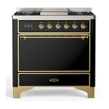 ILVE UM36FQNR3BKGLP Majestic III 36 inch Dual Fuel Range with 6 Black Brass Burners and Griddle, Dual Function Burner up to 25,000 BTU (Solid Door, Glossy Black, Brass, Liquid Propane)
