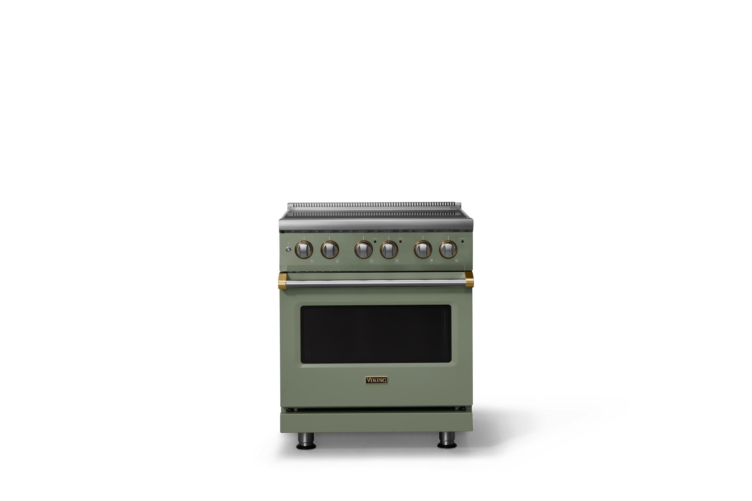 30"W. Electric Range (Finish: Eucalyptus, Trim: Brushed Brass)