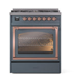 ILVE UN30NMPBGP Nostalgie II Noblesse 30 inch Dual Fuel Range (Natural Gas, Triple Glass Door, Blue Grey, Copper)