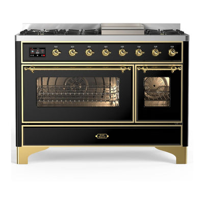 ILVE UM48FNR3BKGLP Majestic III 48 inch Dual Fuel Range with 8 Burners and Griddle, Dual Function Burner up to 25,000 BTU (Liquid Propane, Triple Glass Door, Glossy Black, Brass)