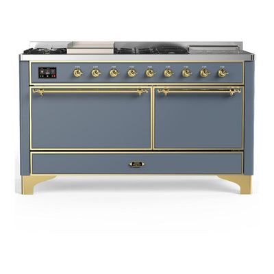 ILVE UM60FSQNR3BGG Majestic III 60 inch Dual Fuel Range with 7 Burners, Griddle and French Top, Dual Function Burner with up to 25,000 BTU (Natural Gas, Solid Door, Blue Grey, Brass)