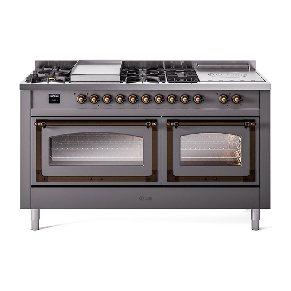 ILVE UN60FSNMPMGB Nostalgie II Noblesse 60 inch Dual Fuel Range (7 Sealed Burners + Griddle + French Top, Natural Gas, Triple Glass Door, Graphite Matte, Burnished)