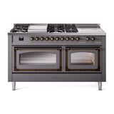 ILVE UN60FSNMPMGB Nostalgie II Noblesse 60 inch Dual Fuel Range (7 Sealed Burners + Griddle + French Top, Natural Gas, Triple Glass Door, Graphite Matte, Burnished)