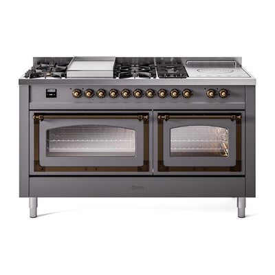 ILVE UN60FSNMPMGB Nostalgie II Noblesse 60 inch Dual Fuel Range (7 Sealed Burners + Griddle + French Top, Natural Gas, Triple Glass Door, Graphite Matte, Burnished)