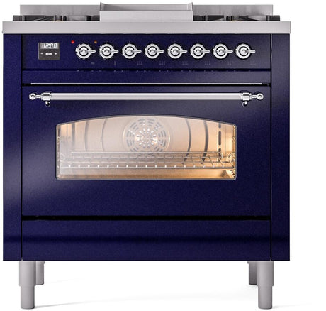 Nostalgie II 36 Inch Dual Fuel Natural Gas Freestanding Range in Blue with Chrome Trim