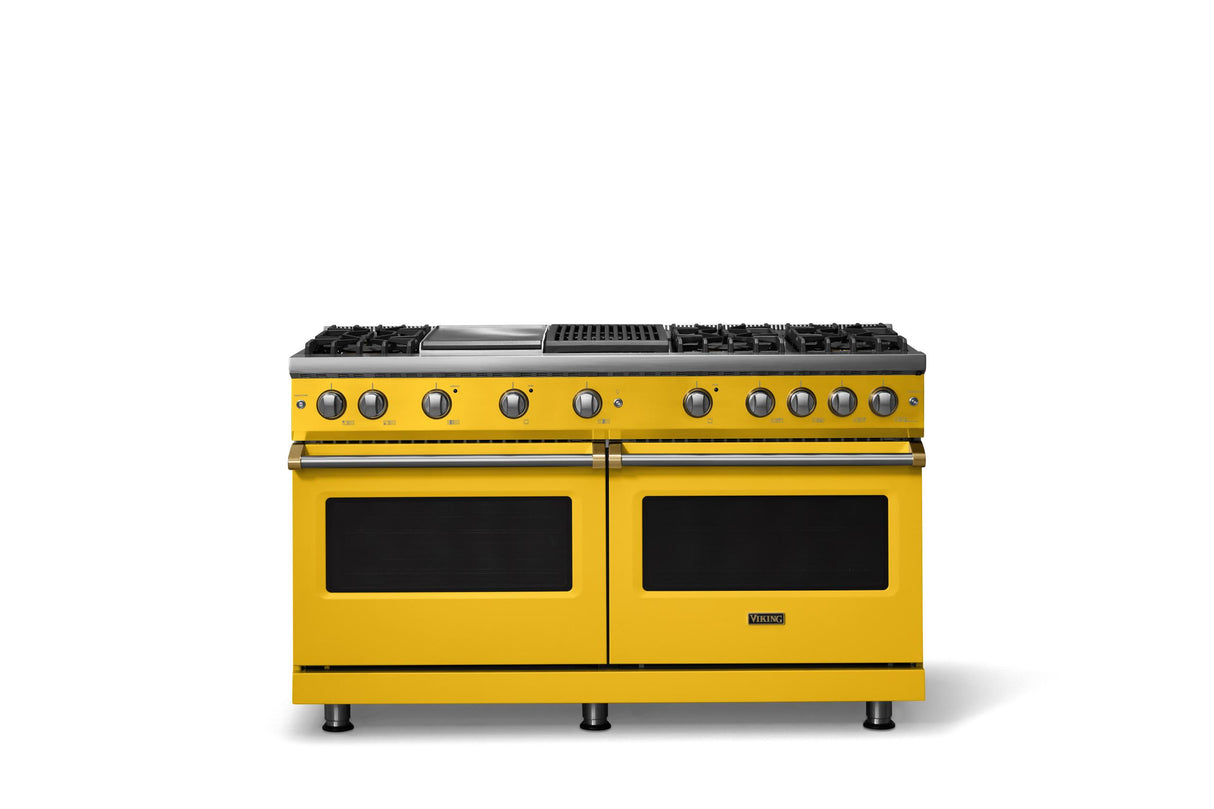 60"W. Sealed Burner Gas Range (Finish: Daffodil, Trim: Brushed Brass, Fuel: Natural Gas)