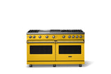60"W. Sealed Burner Gas Range (Finish: Daffodil, Trim: Brushed Brass, Fuel: Natural Gas)