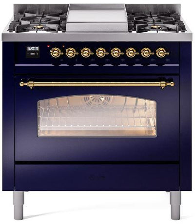 Nostalgie II 36 Inch Dual Fuel Liquid Propane Freestanding Range in Blue with Brass Trim