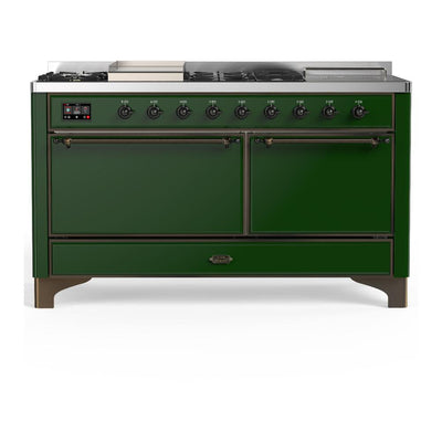 ILVE UM60FSQNR3EGB Majestic III 60 inch Dual Fuel Range with 7 Burners, Griddle and French Top, Dual Function Burner with up to 25,000 BTU (Natural Gas, Solid Door, Emerald Green, Burnished)