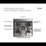 ILVE UM30QNR3SSCLP Majestic III 30 inch Dual Fuel Range with 5 Black Brass Burners, Dual Function Burner up to 25,000 BTU (Liquid Propane, Solid Door, Stainless Steel, Chrome)