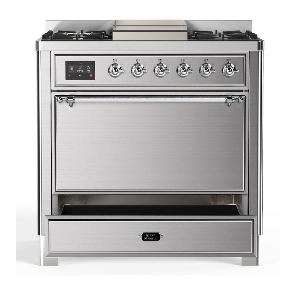 ILVE UM36FQNR3SSCLP Majestic III 36 inch Dual Fuel Range with 6 Black Brass Burners and Griddle, Dual Function Burner up to 25,000 BTU (Solid Door, Stainless Steel, Chrome, Liquid Propane)