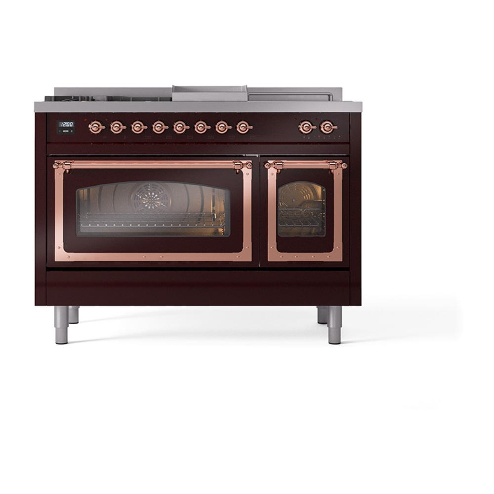 ILVE UN48FSNMPBUP Nostalgie II Noblesse 48 inch Dual Fuel Range (5 Sealed Burners + Griddle + French Top, Natural Gas, Triple Glass Door, Burgundy, Copper)