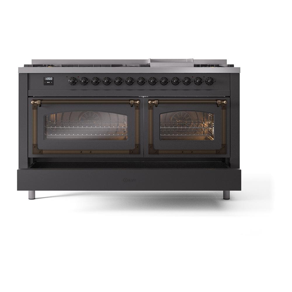 ILVE UN60FNMPMGBLP Nostalgie II Noblesse 60 inch Dual Fuel Range (9 Sealed Burners + Griddle, Liquid Propane, Triple Glass Door, Graphite Matte, Burnished)