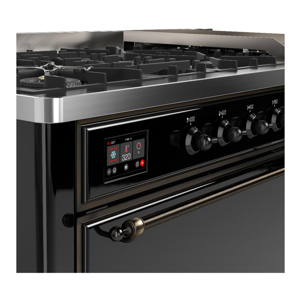 ILVE UM60FQNR3BKB Majestic III 60 inch Dual Fuel Range with 9 Burners and Griddle, Dual Function Burner up to 25,000 BTU (Natural Gas, Solid Door, Glossy Black, Burnished)