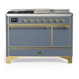 ILVE UM48FSQNR3BGG Majestic III 48 inch Dual Fuel Range with 5 Black Brass Burners, Griddle and French Top, Dual Function Burner up to 25,000 BTU (Natural Gas, Solid Door, Blue Grey, Brass)
