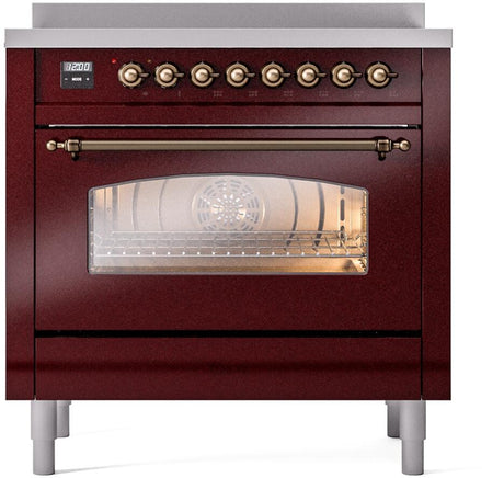 Nostalgie II 36 Inch Electric Freestanding Range in Burgundy with Bronze Trim
