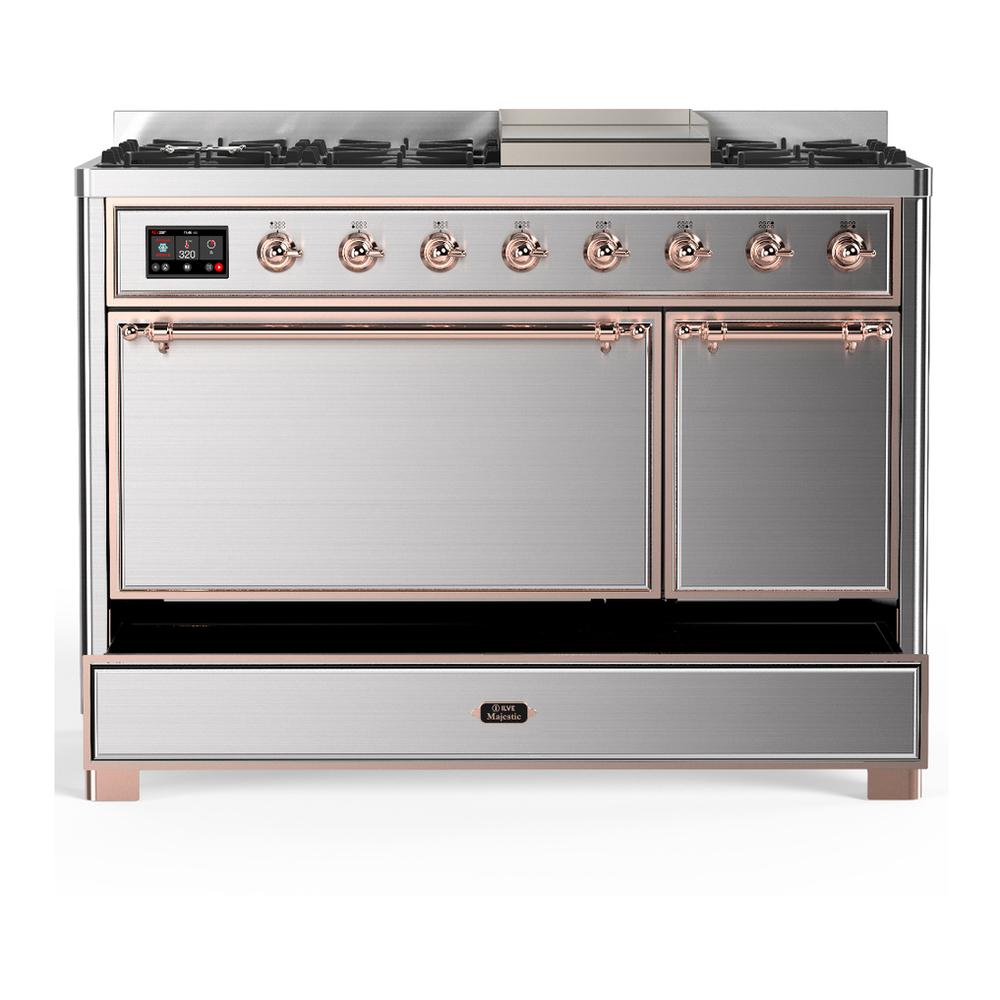 ILVE UM48FQNR3SSP Majestic III 48 inch Dual Fuel Range with 8 Burners and Griddle, Dual Function Burner up to 25,000 BTU (Natural Gas, Solid Door, Stainless Steel, Copper)