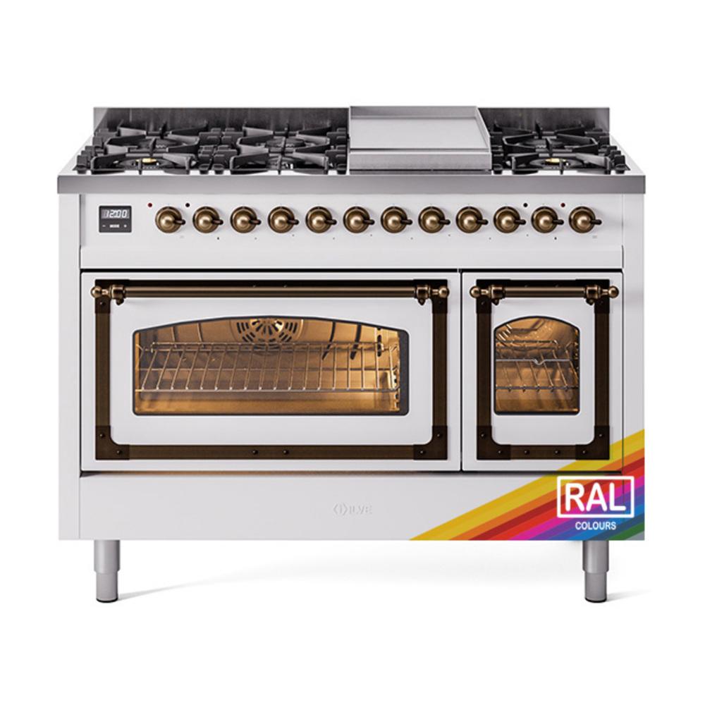 ILVE UN48FNMPRAB Nostalgie II Noblesse 48 inch Dual Fuel Range (8 Sealed Burners + Griddle, Natural Gas, Triple Glass Door, RAL, Burnished)