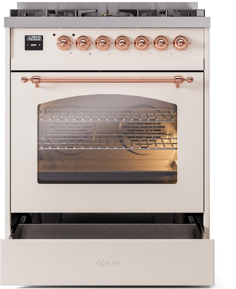 Nostalgie II 30 Inch Dual Fuel Natural Gas Freestanding Range in Antique White with Copper Trim