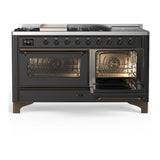 ILVE UM60FSNR3MGB Majestic III 60 inch Dual Fuel Range with 7 Burners, Griddle and French Top, Dual Function Burner with up to 25,000 BTU (Natural Gas, Triple Glass Door, Graphite Matte, Burnished)