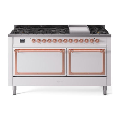ILVE UN60FQNMPWHPLP Nostalgie II Noblesse 60 inch Dual Fuel Range (9 Sealed Burners + Griddle, Liquid Propane, Solid Door, White, Copper)