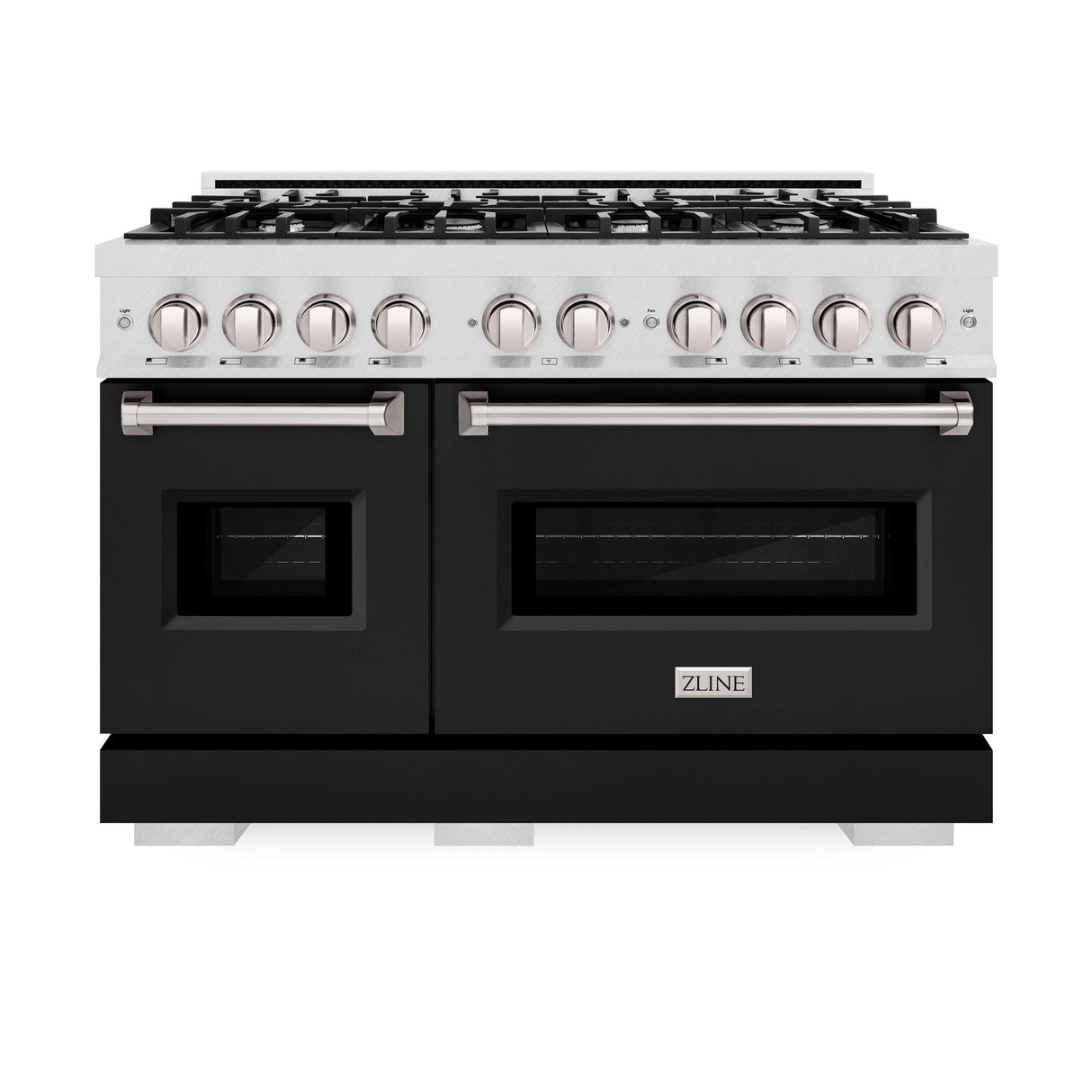 ZLINE 48 in. 6.7 cu. ft. Classic Double Oven Dual Fuel Range with 8 Burner Gas Cooktop in DuraSnow' Stainless Steel with Black Matte Doors (CDRS-BLM-48)