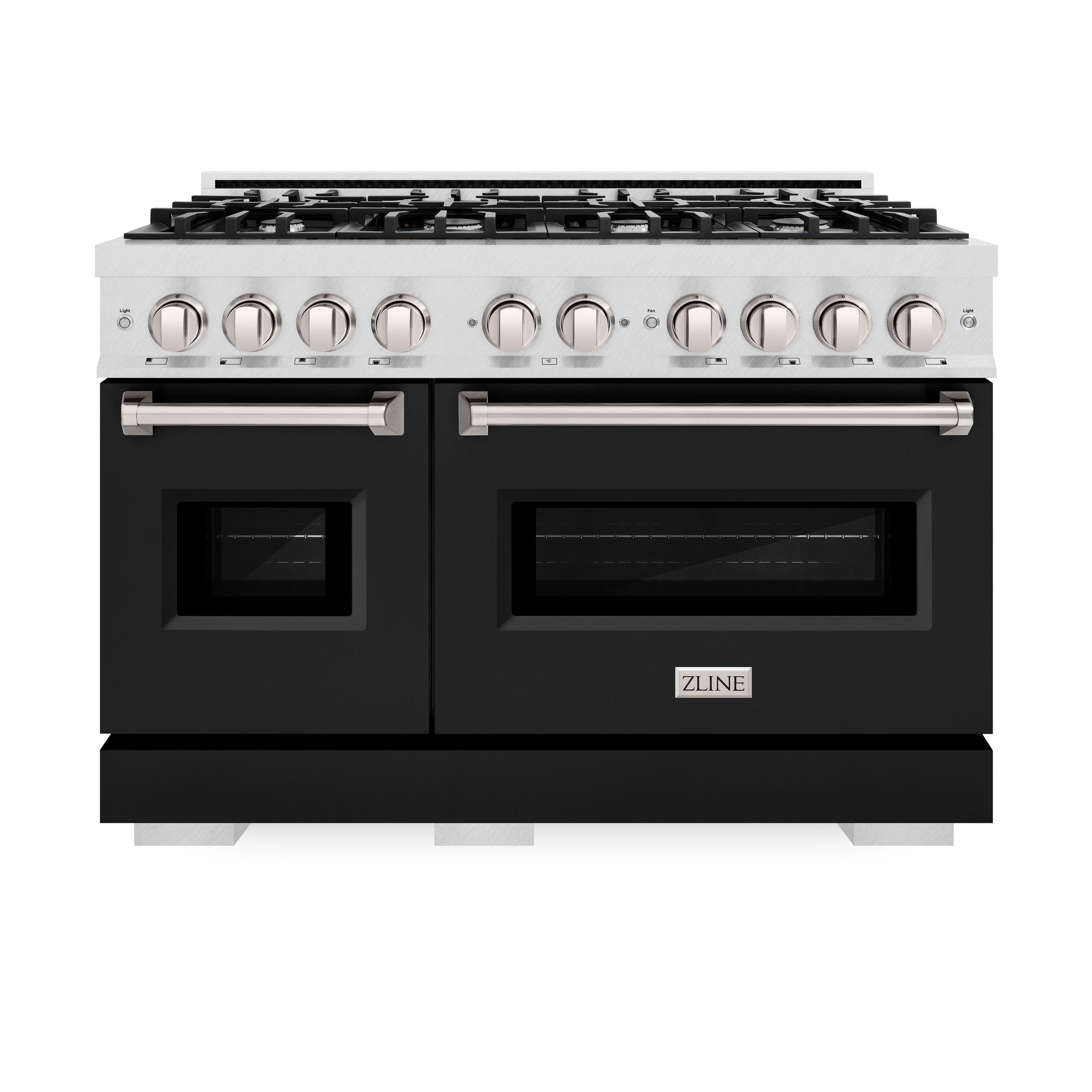 ZLINE 48 in. 6.7 cu. ft. Classic Double Oven Dual Fuel Range with 8 Burner Gas Cooktop in DuraSnow' Stainless Steel with Black Matte Doors (CDRS-BLM-48)