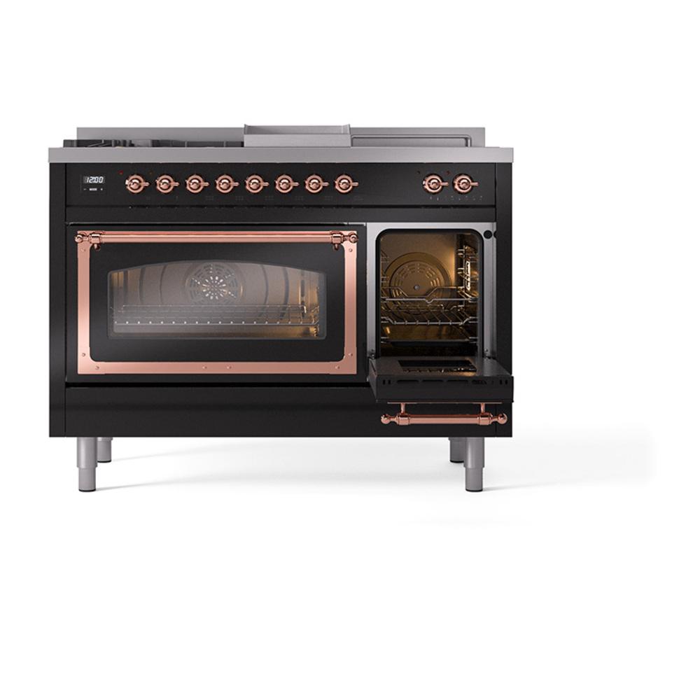 ILVE UN48FSNMPBKPLP Nostalgie II Noblesse 48 inch Dual Fuel Range (5 Sealed Burners + Griddle + French Top, Liquid Propane, Triple Glass Door, Glossy Black, Copper)