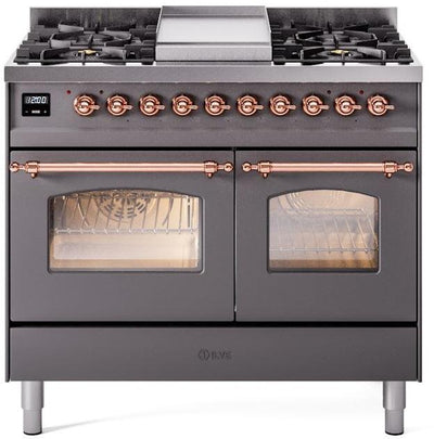 Nostalgie II 40 Inch Dual Fuel Natural Gas Freestanding Range in Matte Graphite with Copper Trim
