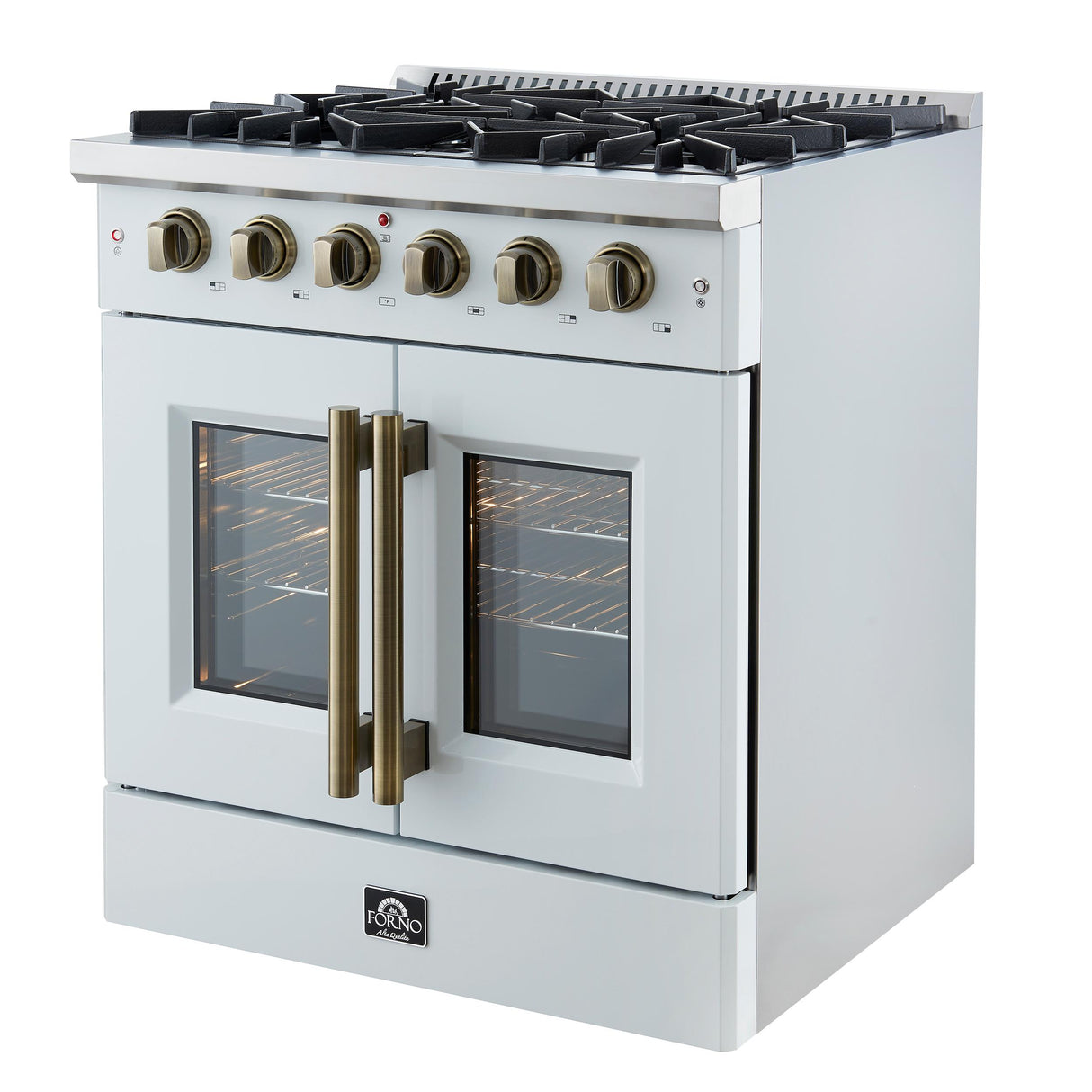 Forno Galiano 30-inch French Door Gas RangenWhite with Antique Brass Design, 5 Burners,n68,000 BTU, 4.32 cu.ft. Convection Oven