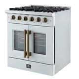 Forno Galiano 30-inch French Door Gas RangenWhite with Antique Brass Design, 5 Burners,n68,000 BTU, 4.32 cu.ft. Convection Oven