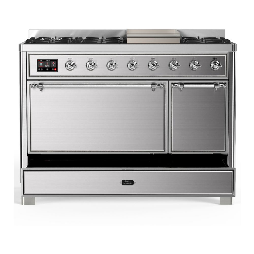 ILVE UM48FQNR3SSCLP Majestic III 48 inch Dual Fuel Range with 8 Burners and Griddle, Dual Function Burner up to 25,000 BTU (Liquid Propane, Solid Door, Stainless Steel, Chrome)