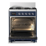 ILVE UM30QNR3MBCLP Majestic III 30 inch Dual Fuel Range with 5 Black Brass Burners, Dual Function Burner up to 25,000 BTU (Liquid Propane, Solid Door, Midnight Blue, Chrome)